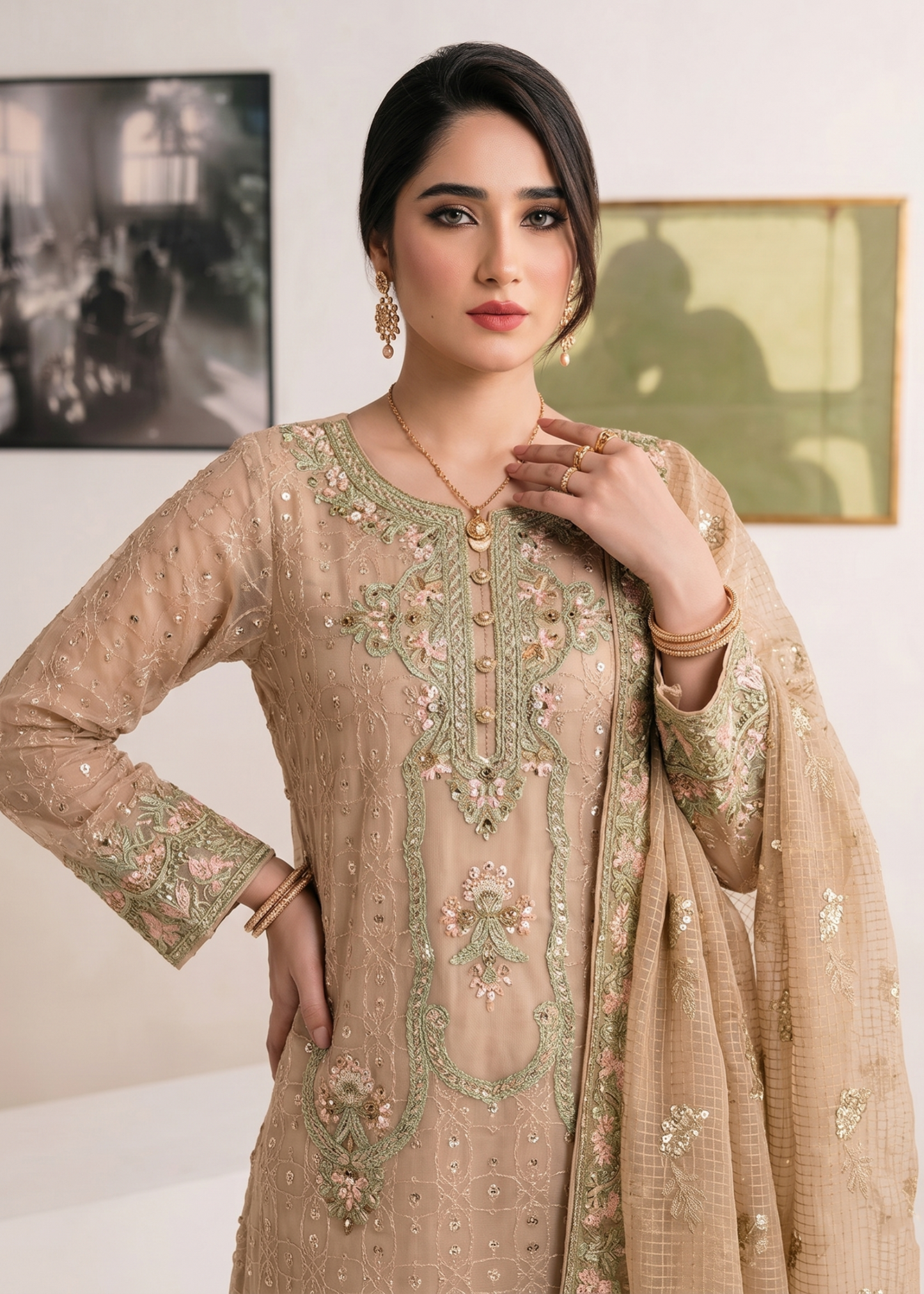 Peach Pink Embroidered Organza Dress Material Online in Dubai UAE Abudhabi Ajman Sharjah