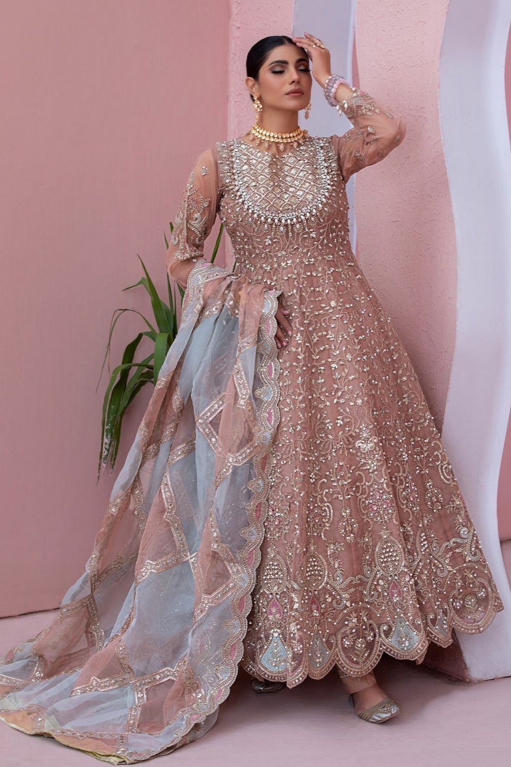 Peach Pink Embroidered Organza Festive Suit Online in Dubai UAE Abudhabi Ajman Sharjah