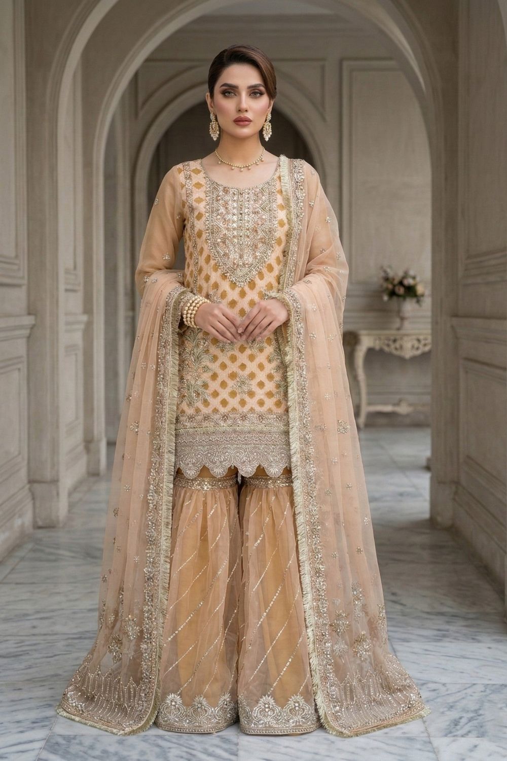Peach Pink Embroidered Organza Gharara Suit Online in Dubai UAE Abudhabi Ajman Sharjah