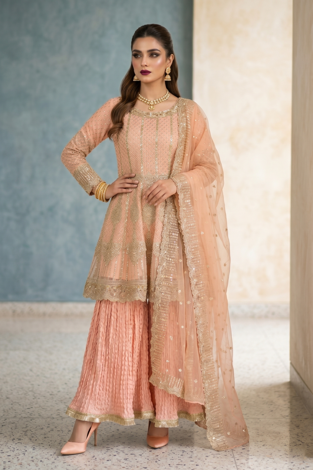 Peach Pink Embroidered Organza Gharara Suit Online in Dubai UAE Abudhabi Ajman Sharjah
