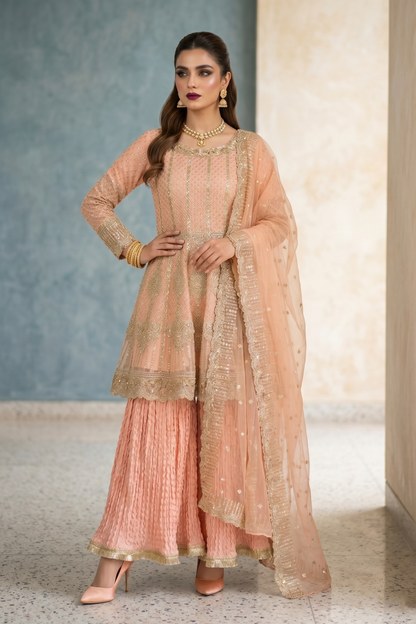 Peach Pink Embroidered Organza Gharara Suit Online in Dubai UAE Abudhabi Ajman Sharjah