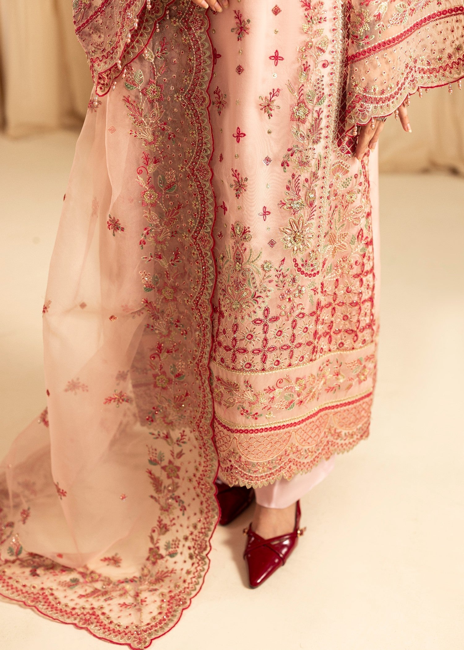 Peach Pink Embroidered Organza Pakistani Dress Online in Dubai DXB UAE Abudhabi Meena Bazaar