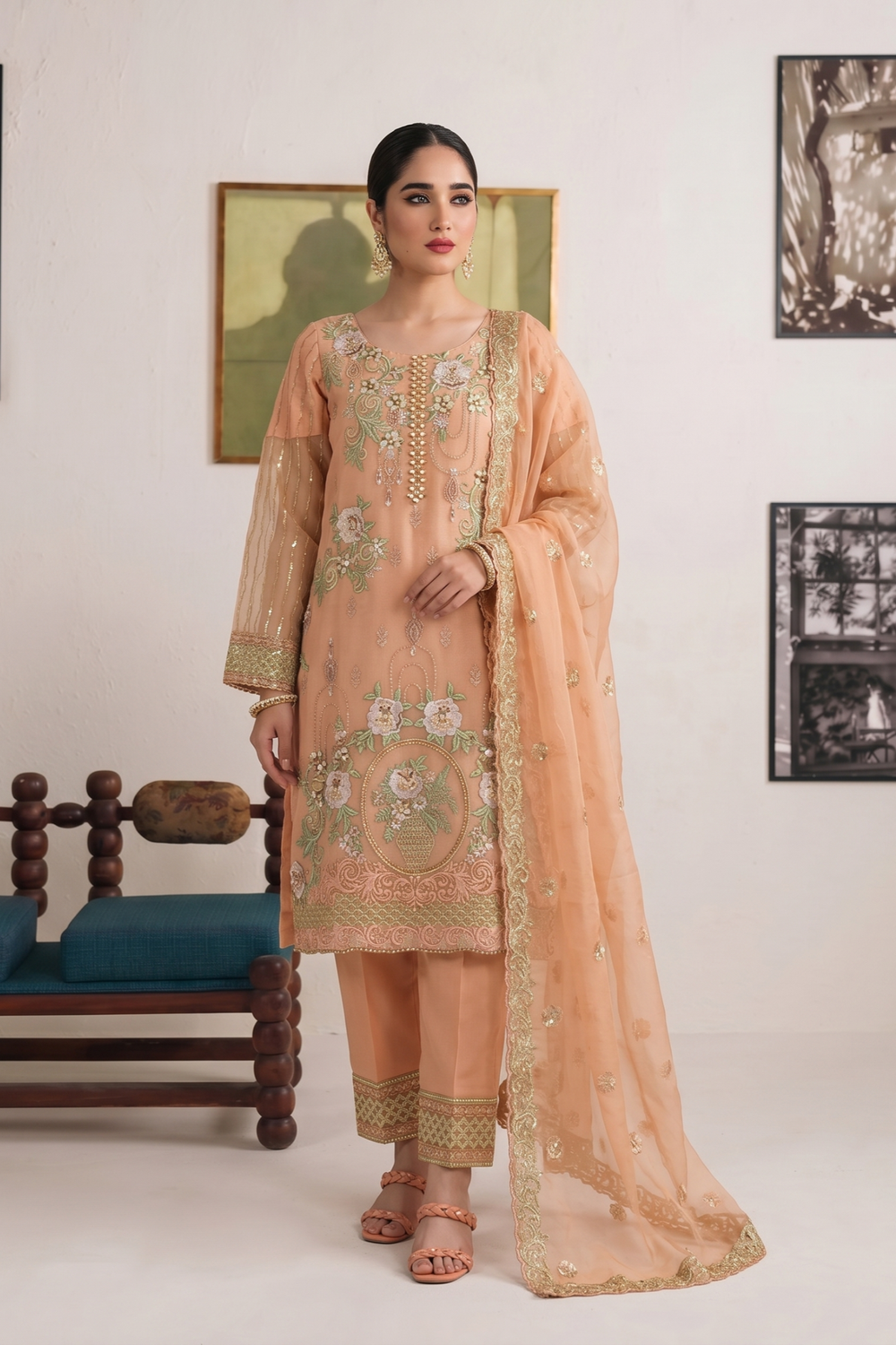 Peach Pink Embroidered Organza Pakistani Suit Online in Dubai UAE Abudhabi Ajman Sharjah