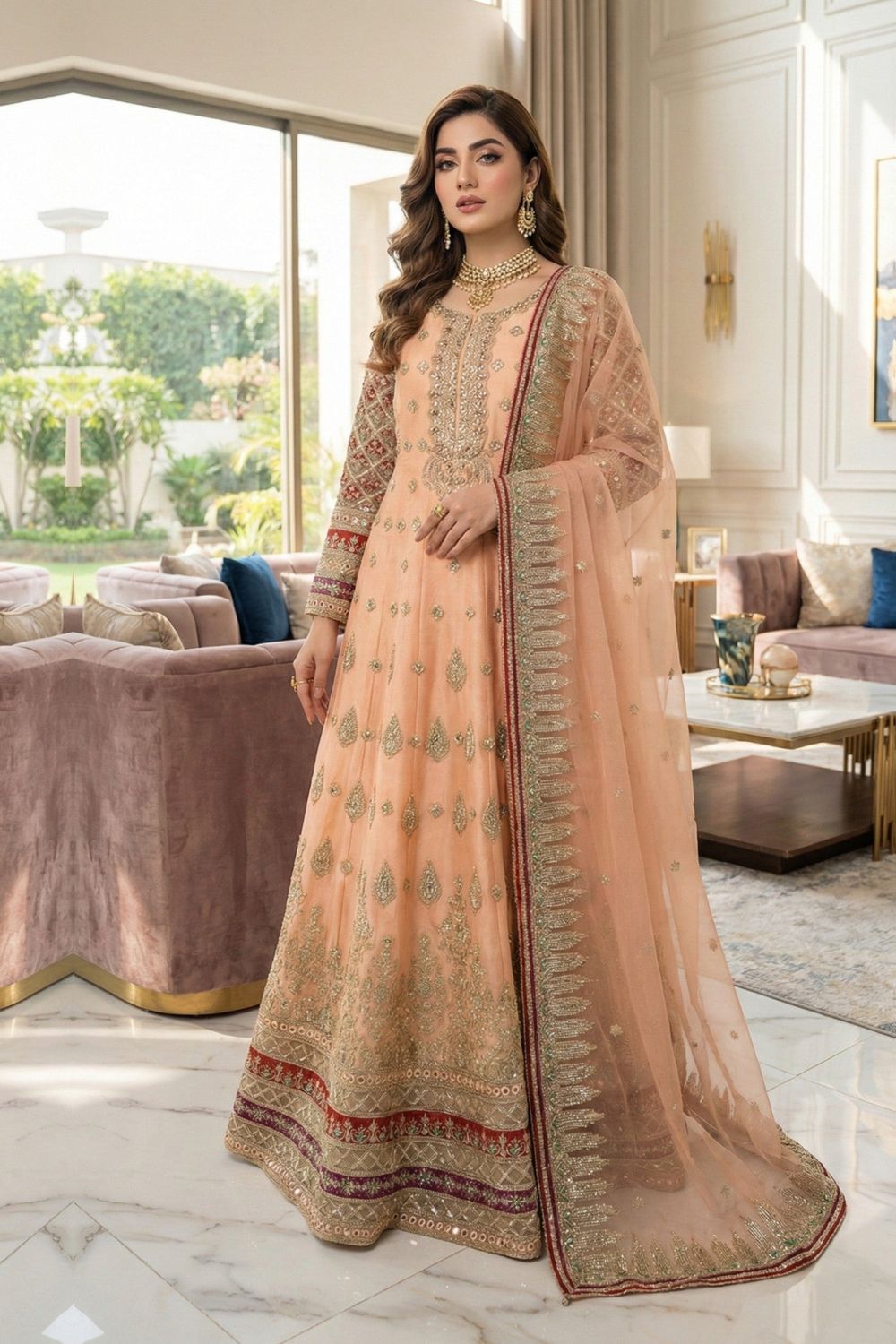 Peach Pink Embroidered Organza Party Wear Suit Online in Dubai UAE Abudhabi Ajman Sharjah