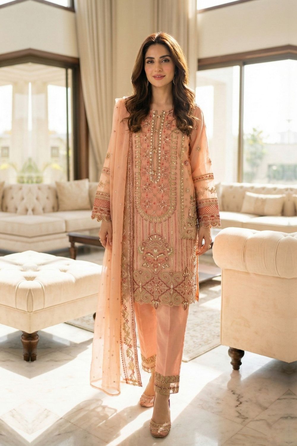 Peach Pink Embroidered Organza Partywear Suit Online in Dubai UAE Abudhabi Ajman Sharjah