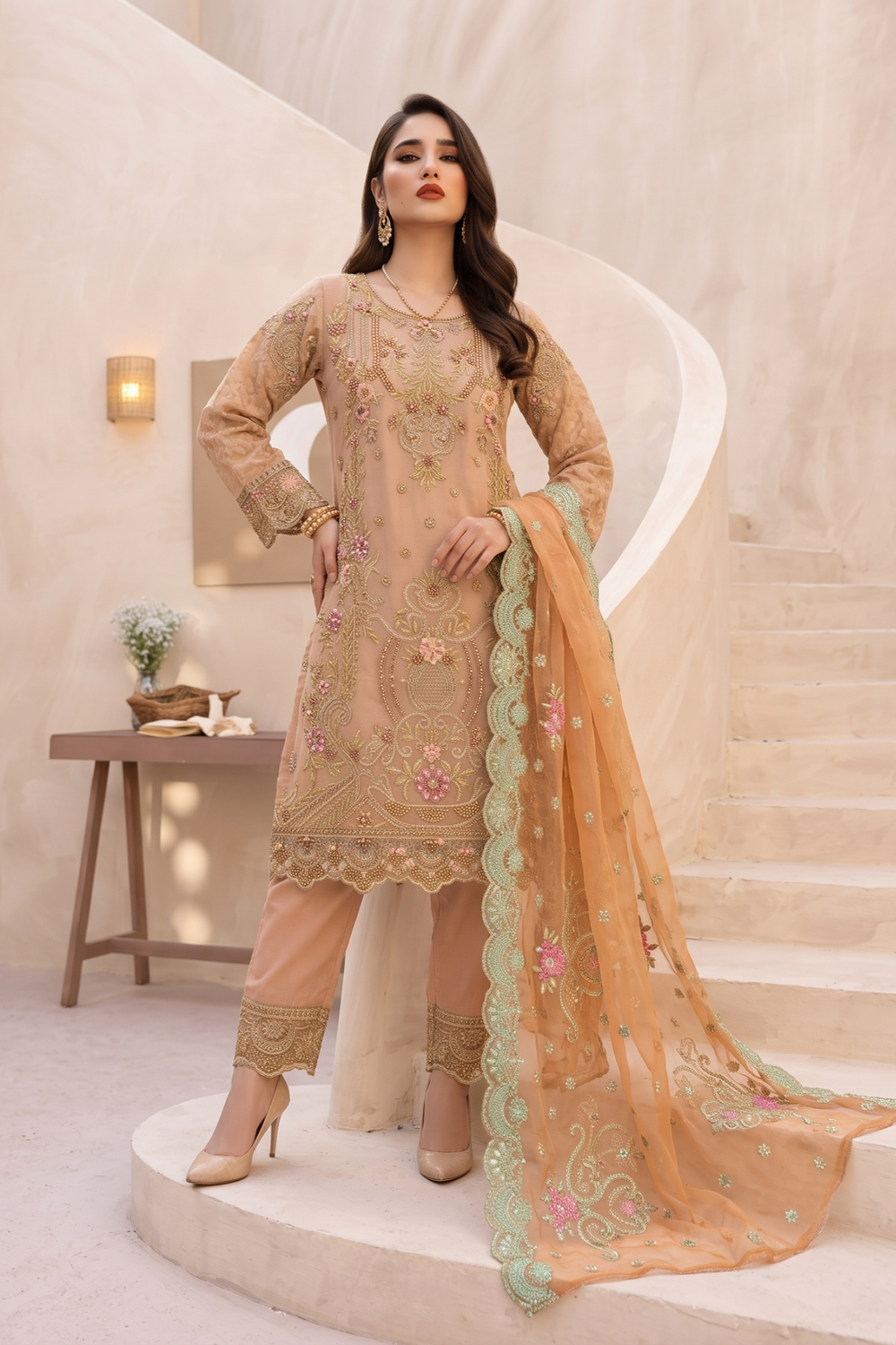 Peach Pink Embroidered Organza Partywear Suit Online in Dubai UAE Abudhabi Ajman Sharjah