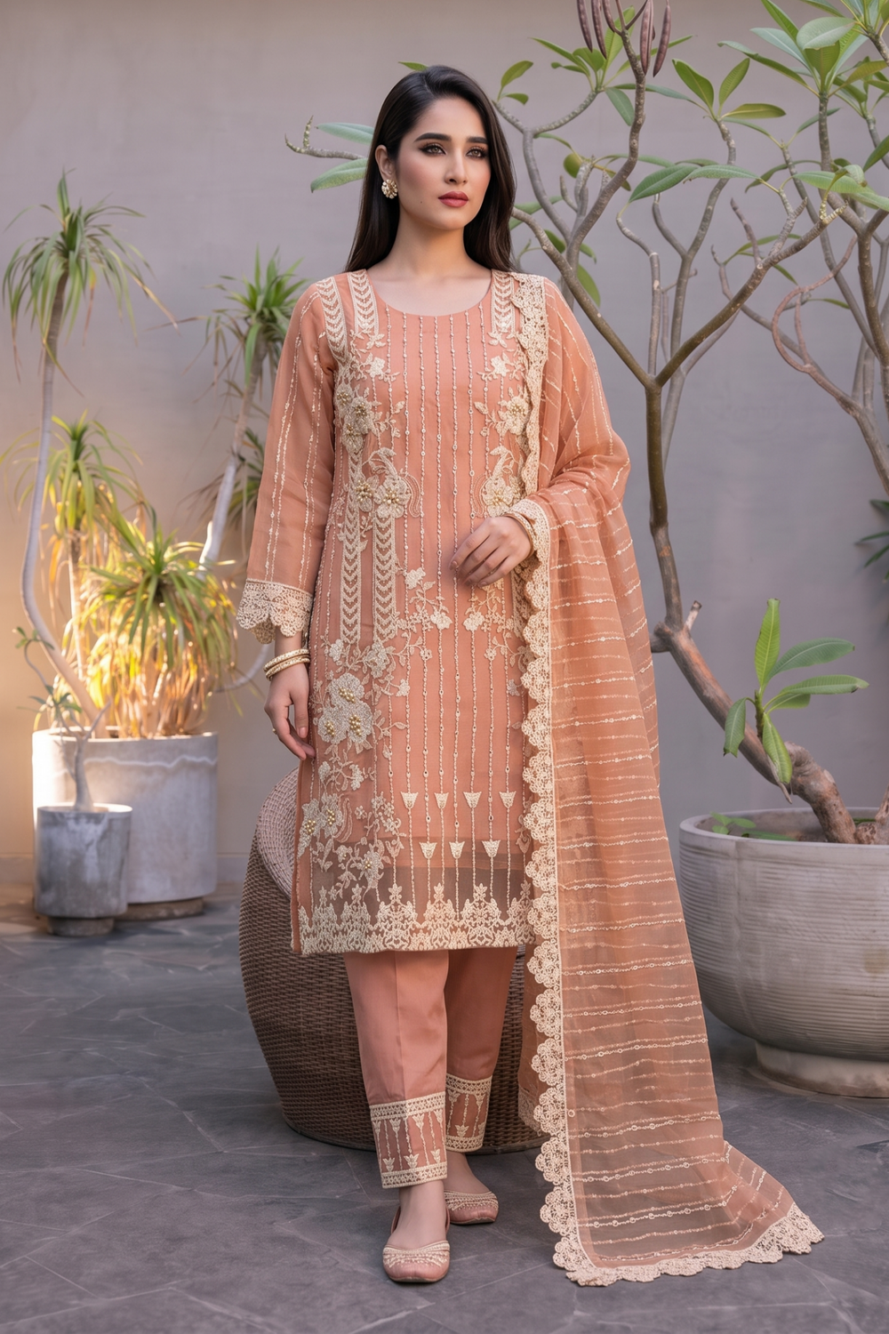 Peach Pink Embroidered Organza Partywear Suit Online in Dubai UAE Abudhabi Ajman Sharjah