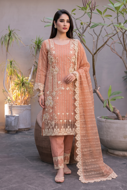 Peach Pink Embroidered Organza Partywear Suit Online in Dubai UAE Abudhabi Ajman Sharjah