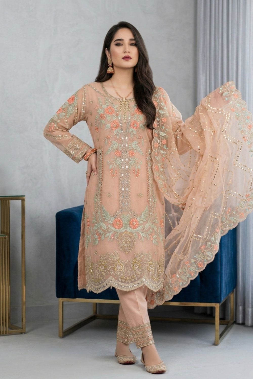 Peach Pink Embroidered Organza Salwar Kameez Online in Dubai UAE Abudhabi Ajman Sharjah