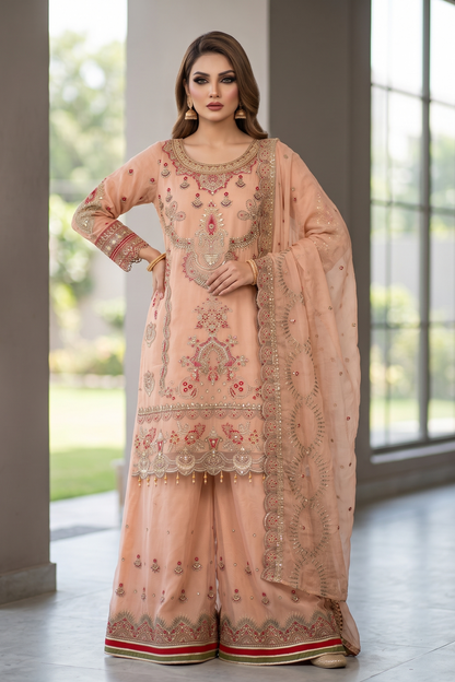 Peach Pink Embroidered Organza Sharara Suit Online in Dubai UAE Abudhabi Ajman Sharjah