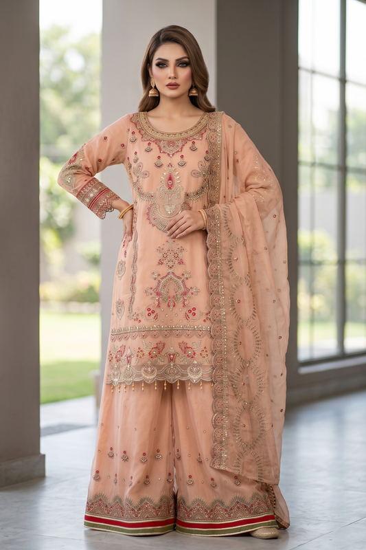 Peach Pink Embroidered Organza Sharara Suit Online in Dubai UAE Abudhabi Ajman Sharjah