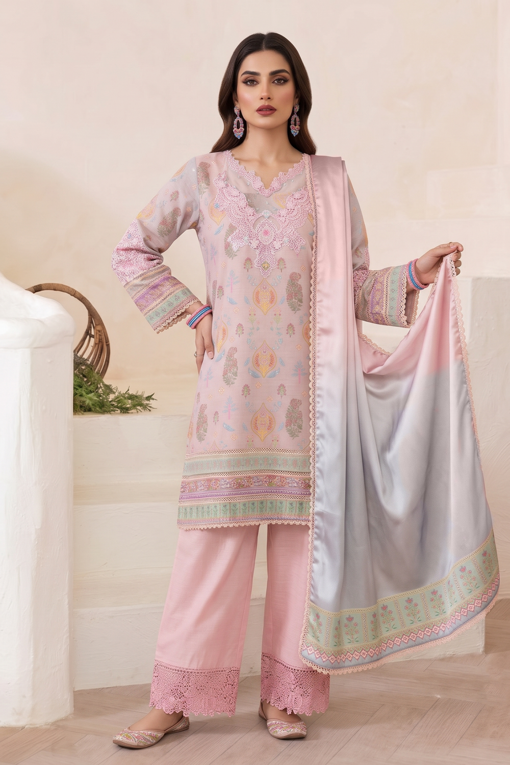Peach Pink Embroidered Raw Silk Farshi Shalwar Online in Dubai UAE Abudhabi Ajman Sharjah