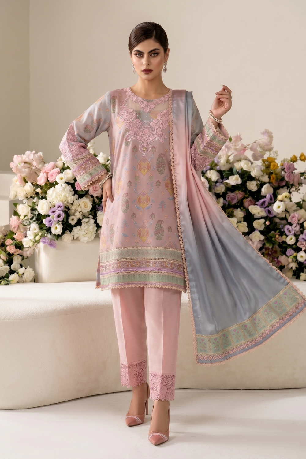 Peach Pink Embroidered Raw Silk Farshi Shalwar Suit Online in Dubai UAE Abudhabi Ajman Sharjah