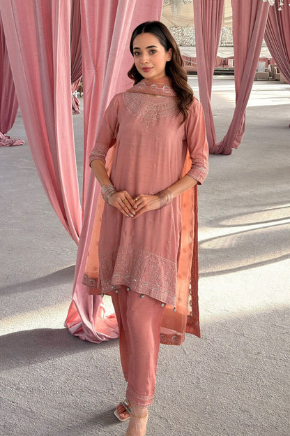 Peach Pink Embroidered Raw Silk Partywear Suit Online in Dubai UAE Abudhabi Ajman Sharjah