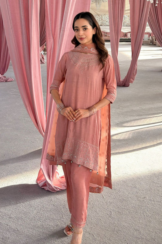 Peach Pink Embroidered Raw Silk Partywear Suit Online in Dubai UAE Abudhabi Ajman Sharjah