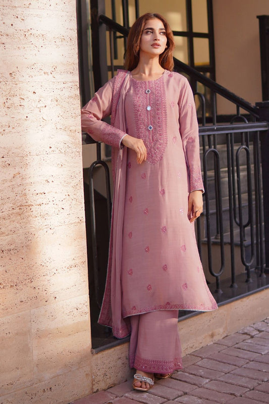 Peach Pink Embroidered Raw Silk Partywear Suit Online in Dubai UAE Abudhabi Ajman Sharjah