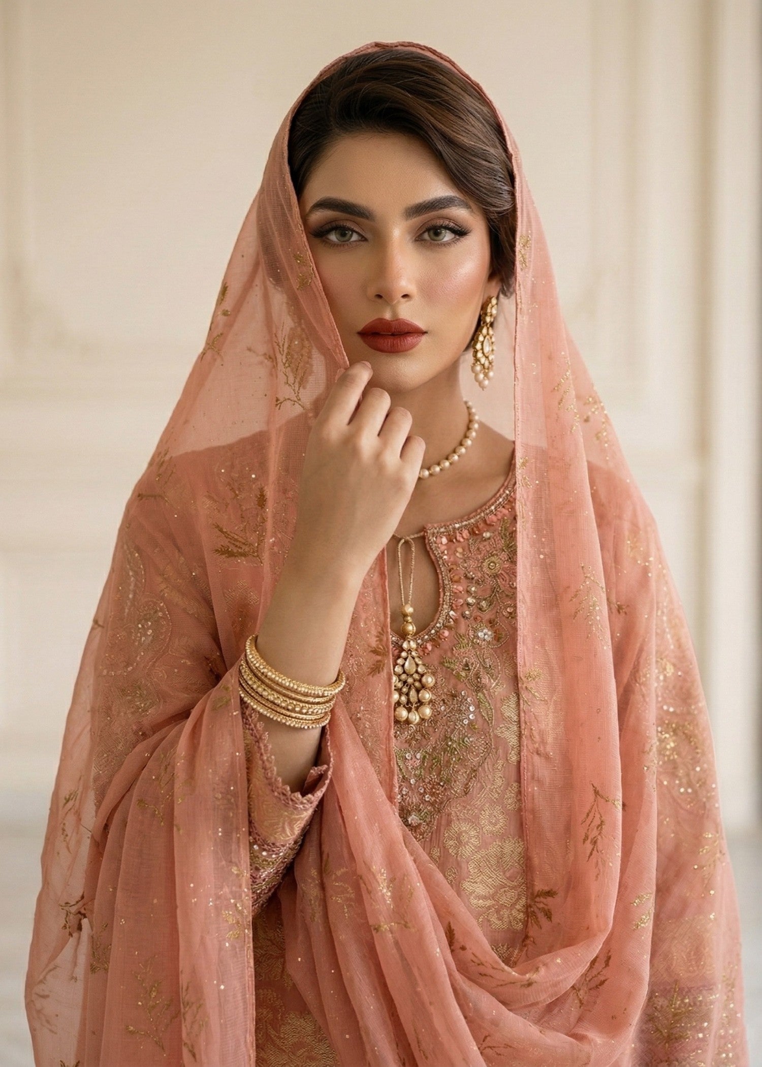 Peach Pink Embroidered Suit Online in Dubai UAE Abudhabi Ajman Sharjah