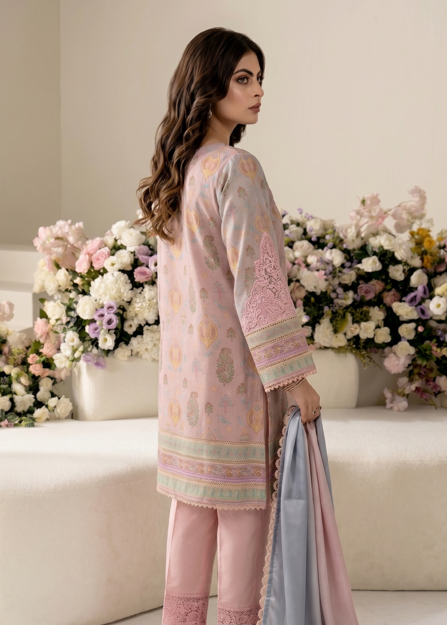 Peach Pink Farshi Shalwar Embroidered Raw Silk Online in Dubai UAE Abudhabi Ajman Sharjah