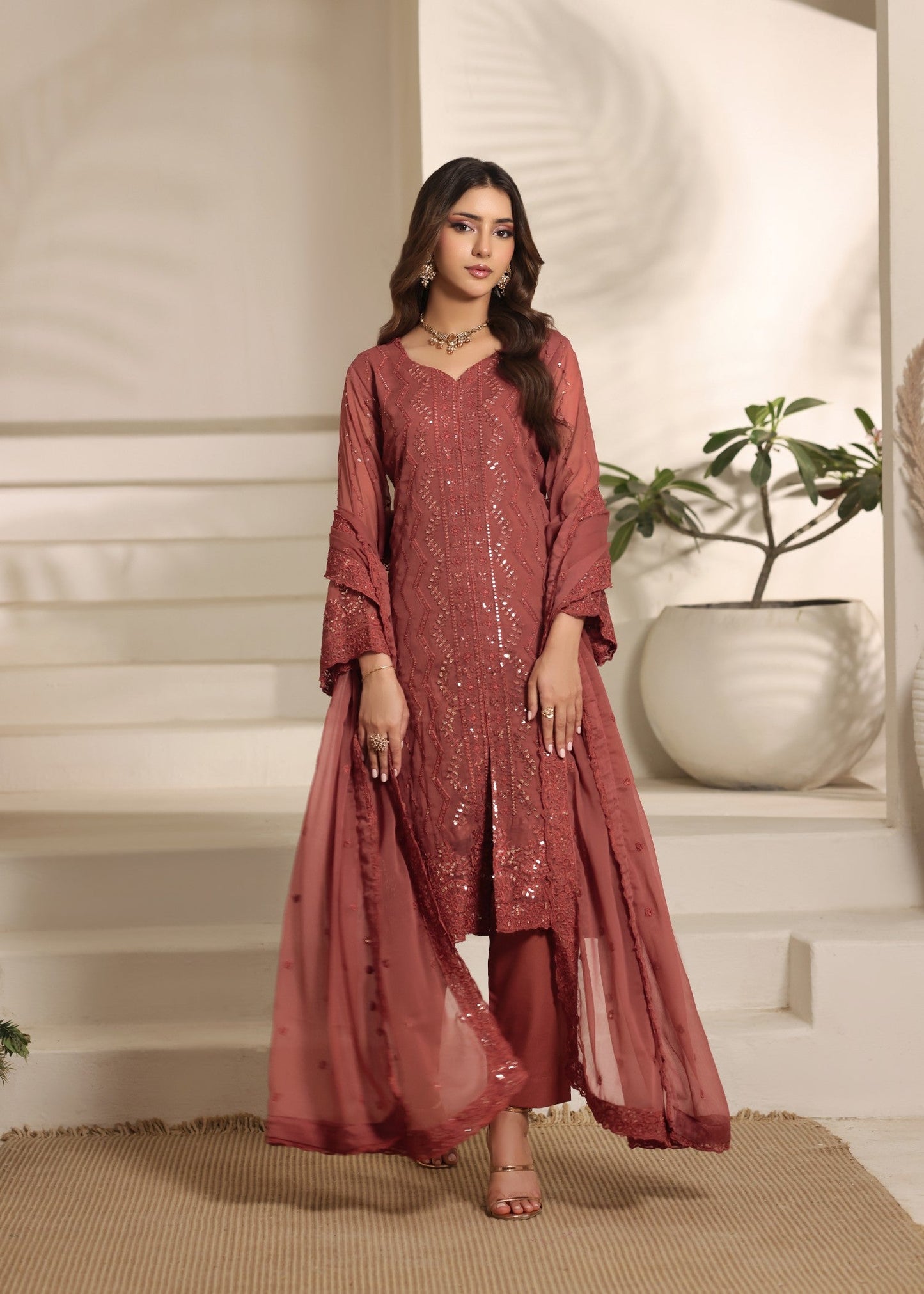 Peach Pink Festive Wear Chiffon Suit Online in Dubai DXB UAE Abudhabi Meena Bazaar