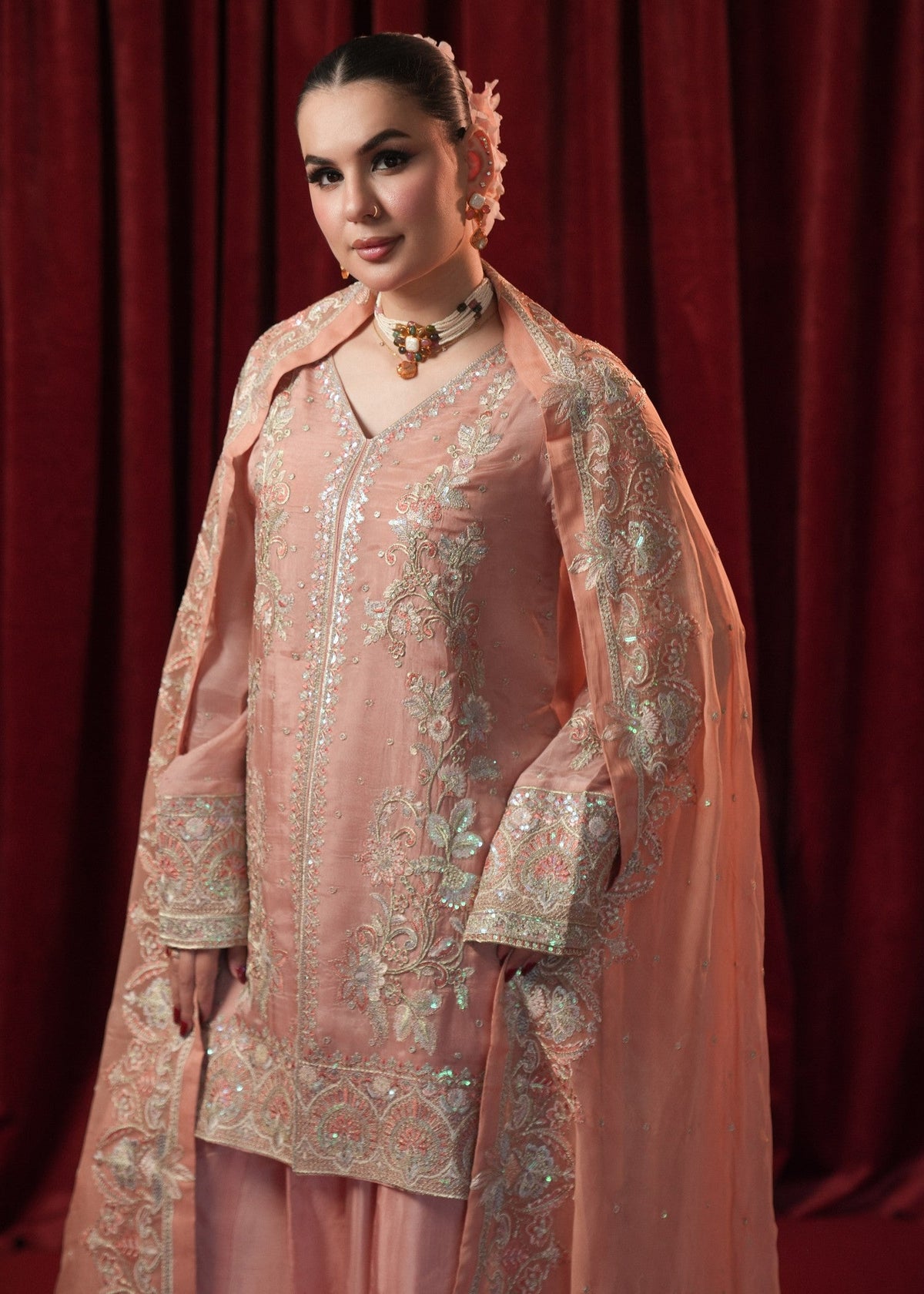 Peach Pink Georgette Chiffon Designer Salwar Kameez Online in KSA Riyadh Saudi Arabia Oman Bahrain Qatar