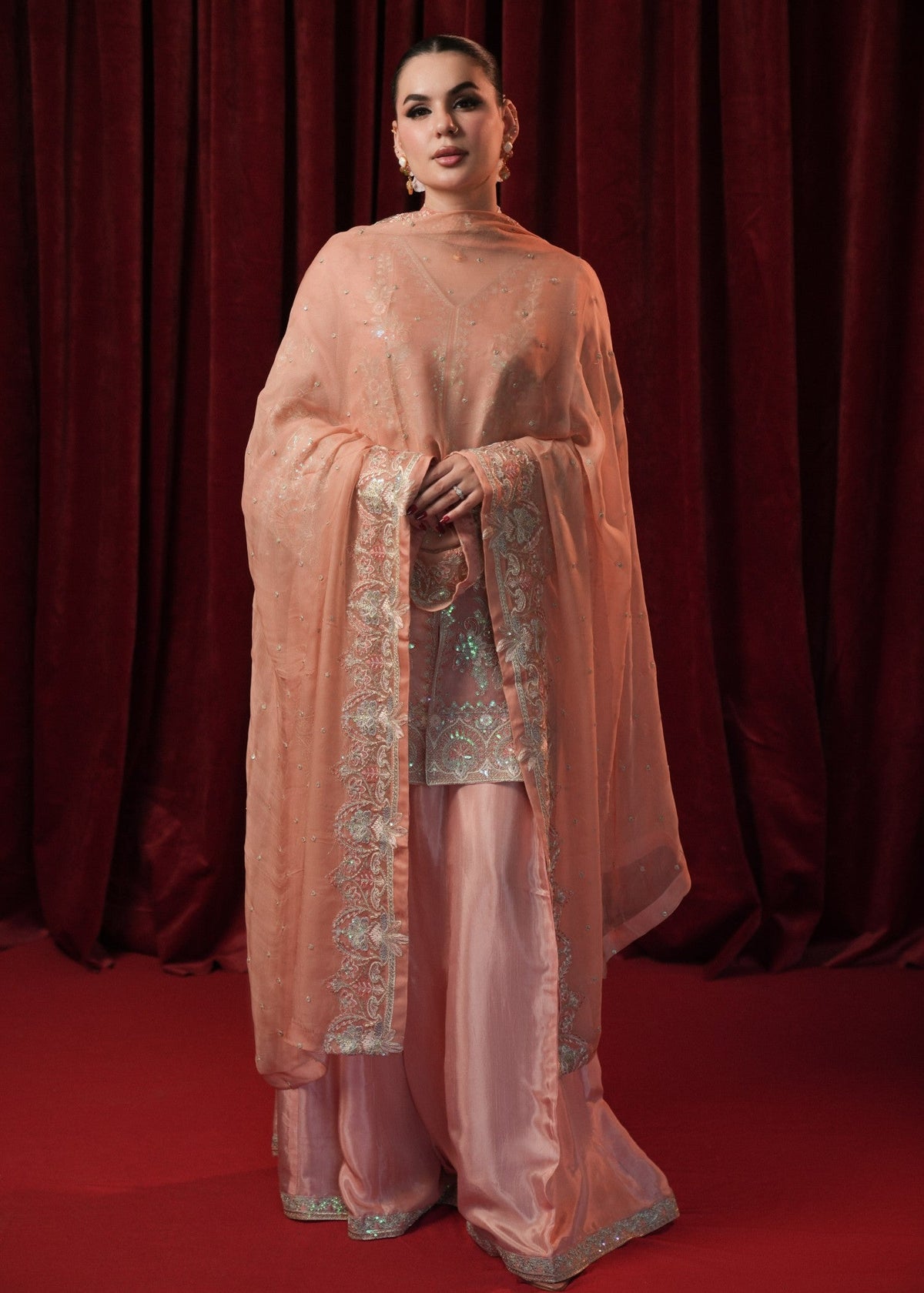 Peach Pink Georgette Chiffon Ladies Salwar Kameez Online in UK USA Canada