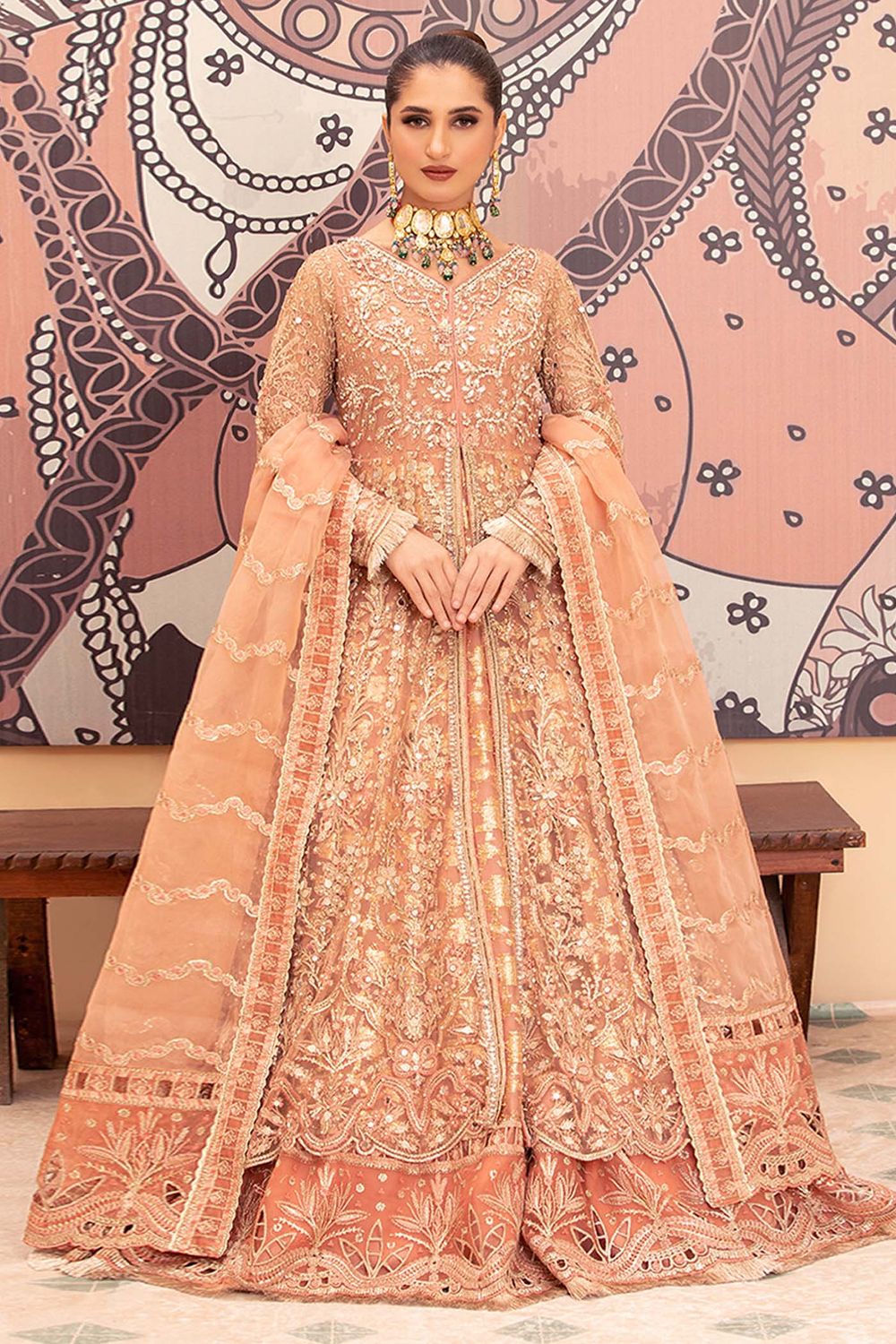 Peach Pink Hand Embellished Net Maxi Suit Online in Dubai UAE Abudhabi Ajman Sharjah