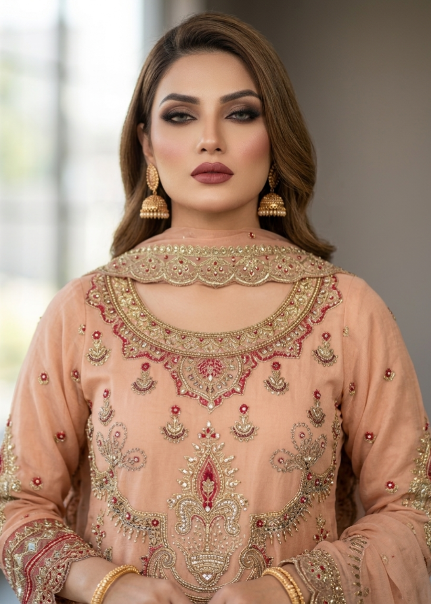 Peach Pink Hand Embroidered Organza Three Piece Suit Online in Dubai UAE Abudhabi Ajman Sharjah