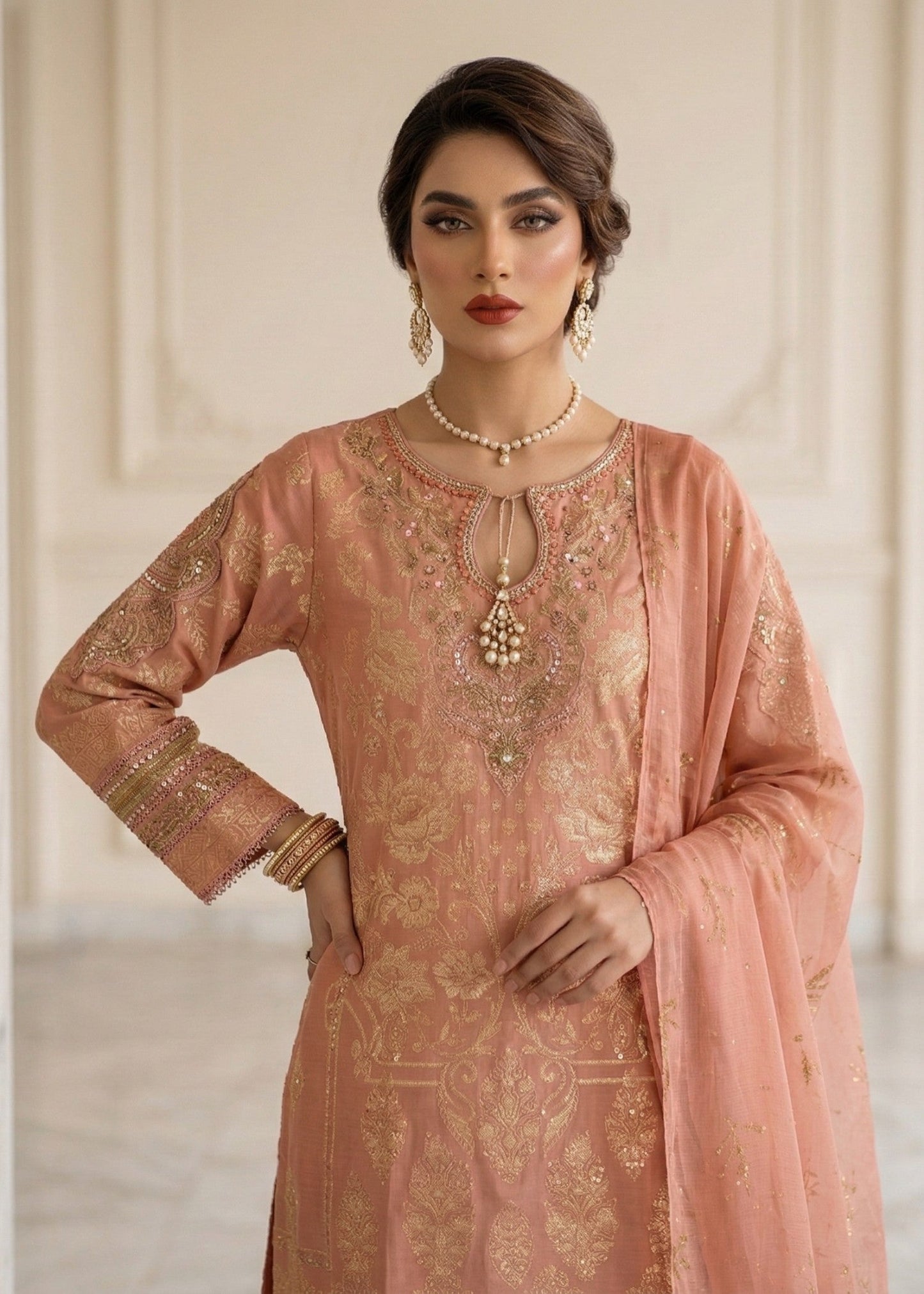Peach Pink Jacquard Embroidered Kurta Online in Dubai UAE Abudhabi Ajman Sharjah