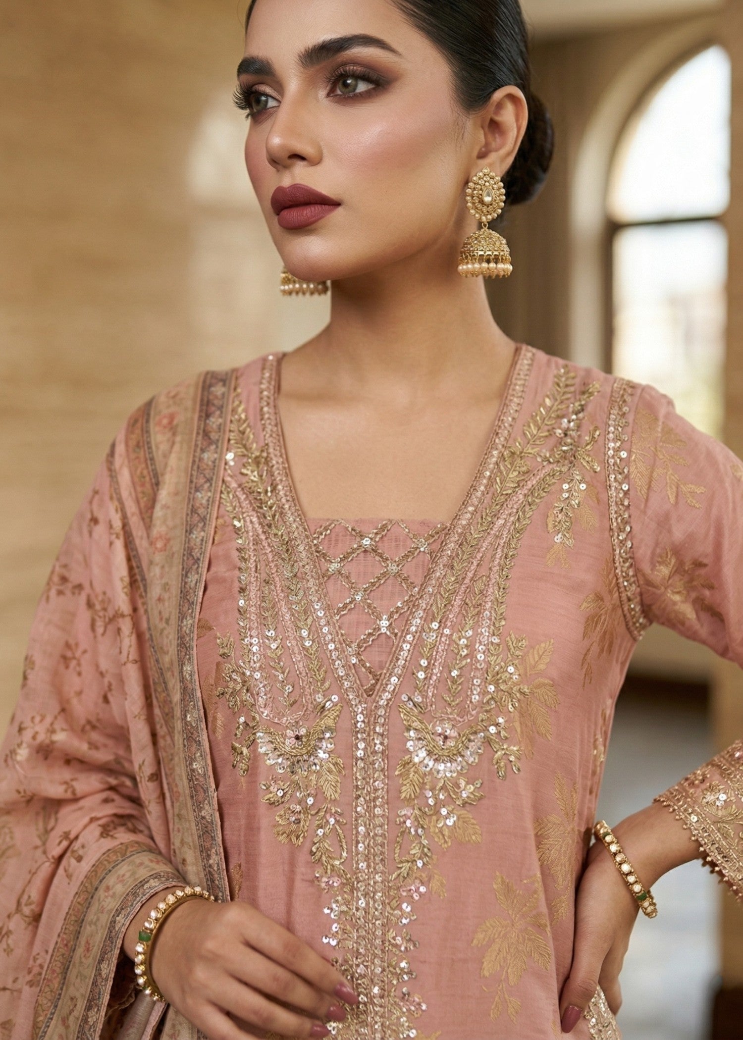 Peach Pink Jacquard Embroidered Suit Online in Dubai DXB UAE Abudhabi Meena Bazaar