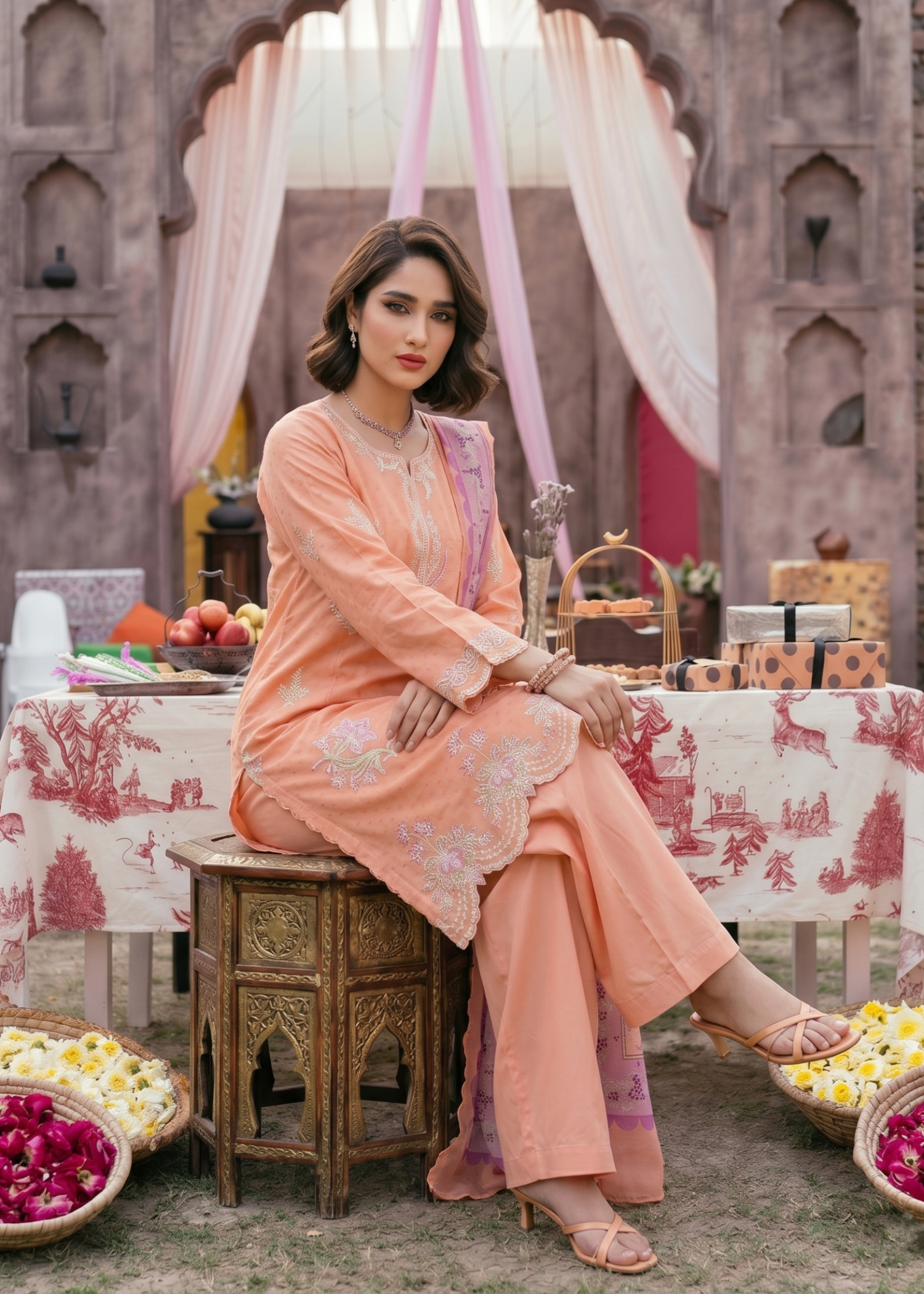 Peach Pink Lawn Salwar Kameez for Women Online in KSA Riyadh Saudi Arabia Oman Bahrain Qatar