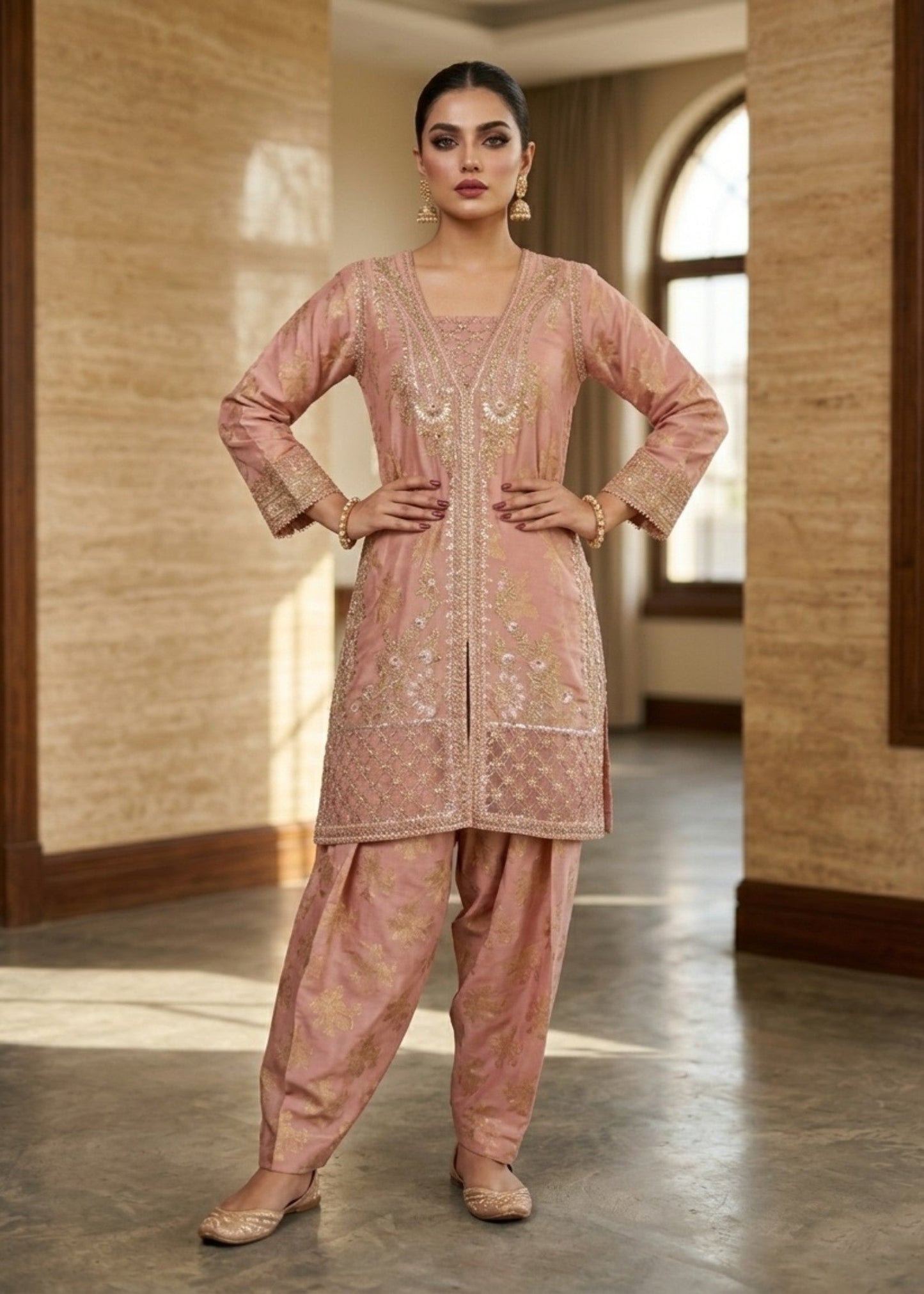 Peach Pink Pakistani Designer Farshi Suit Online in KSA Riyadh Saudi Arabia Oman Bahrain Qatar