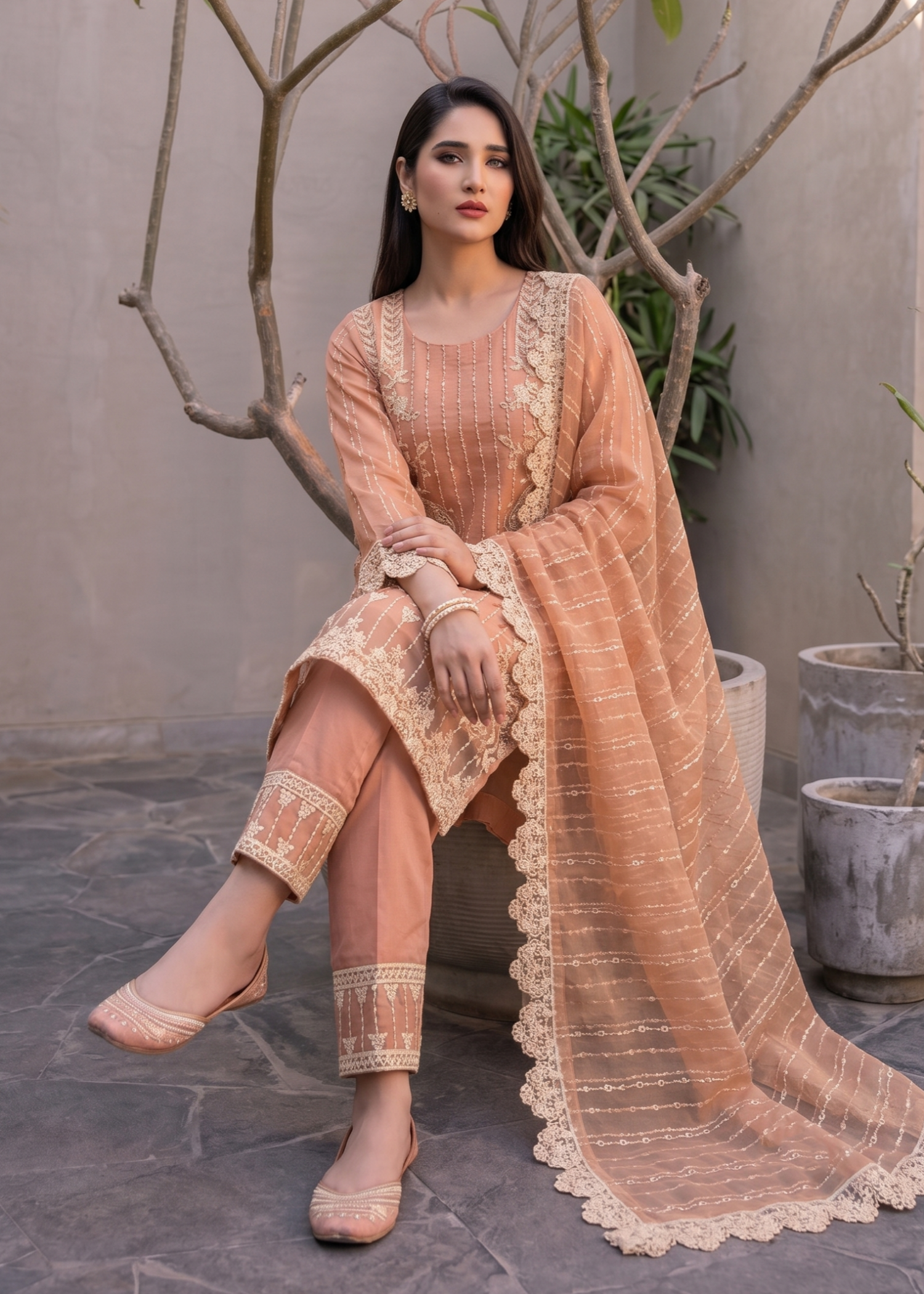 Peach Pink Partywear Organza Salwar Kameez Online in UK USA Canada