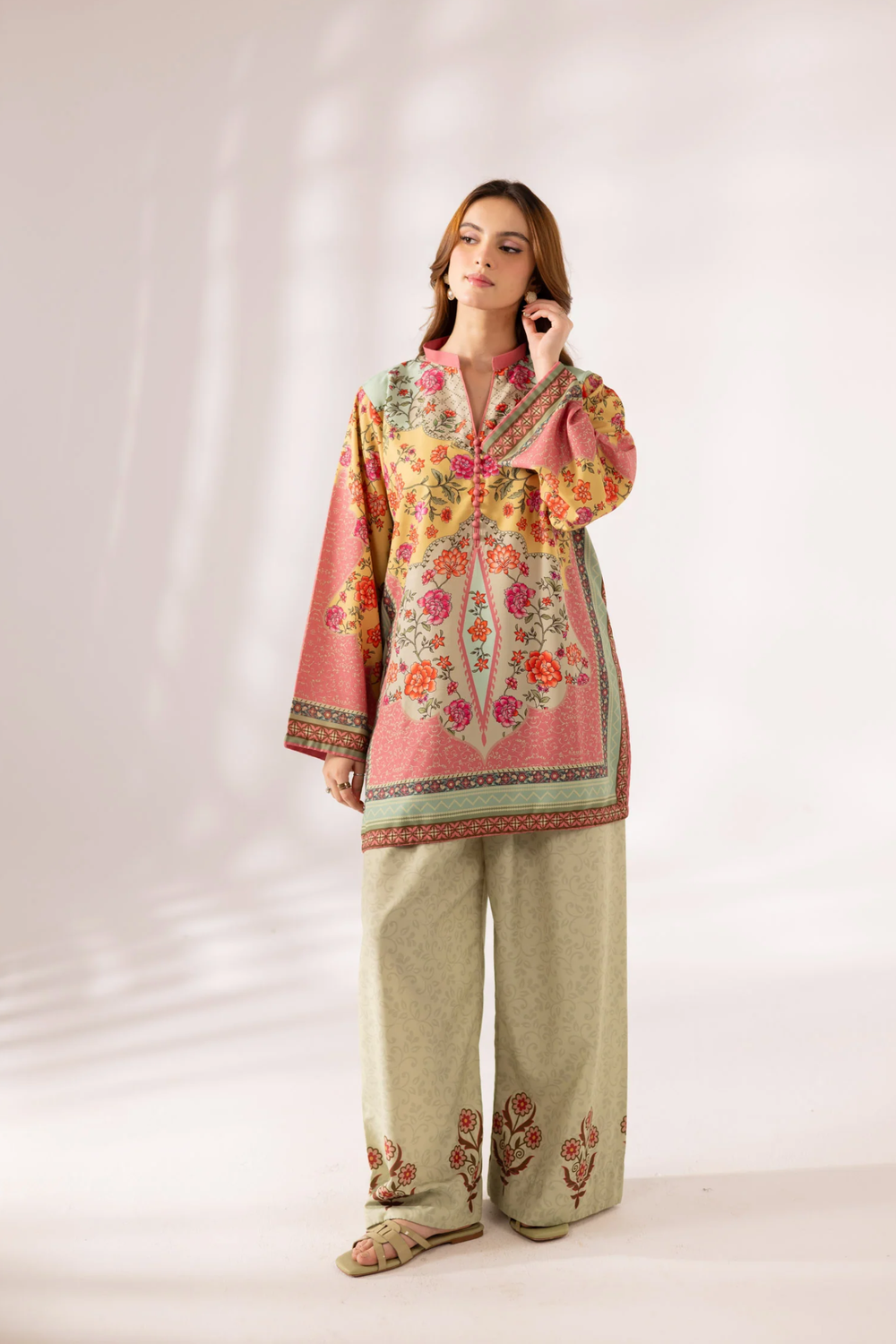 Peach Pink Poly Lawn Straight Kurta Set Online in Dubai UAE Abudhabi Ajman Sharjah