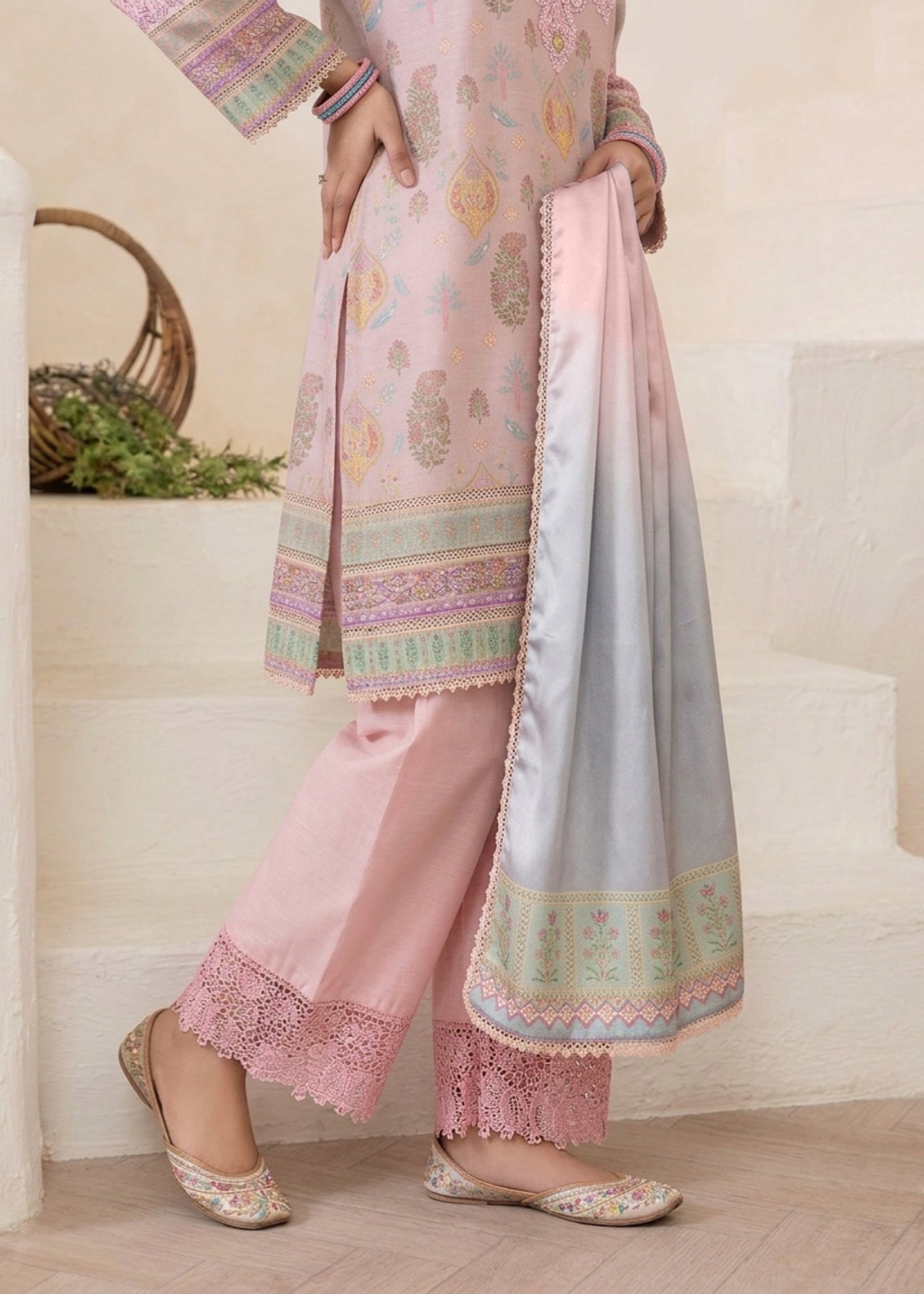Peach Pink Raw Silk Partywear Farshi Shalwar Online in Dubai DXB UAE Abudhabi Meena Bazaar