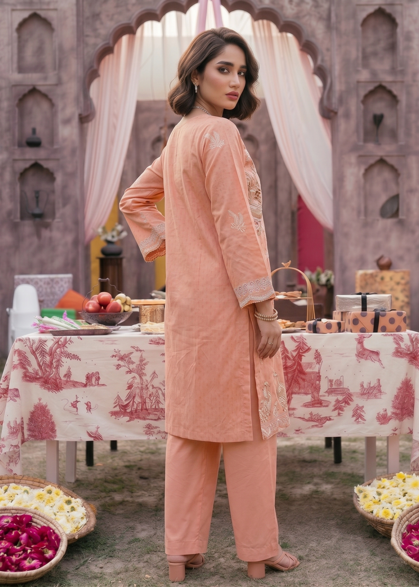Peach Pink Summer Lawn Suit Online in Dubai DXB UAE Abudhabi Meena Bazaar