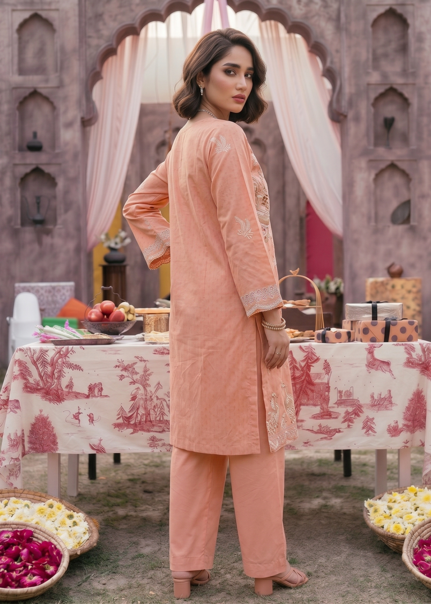 Peach Pink Summer Lawn Suit Online in Dubai DXB UAE Abudhabi Meena Bazaar