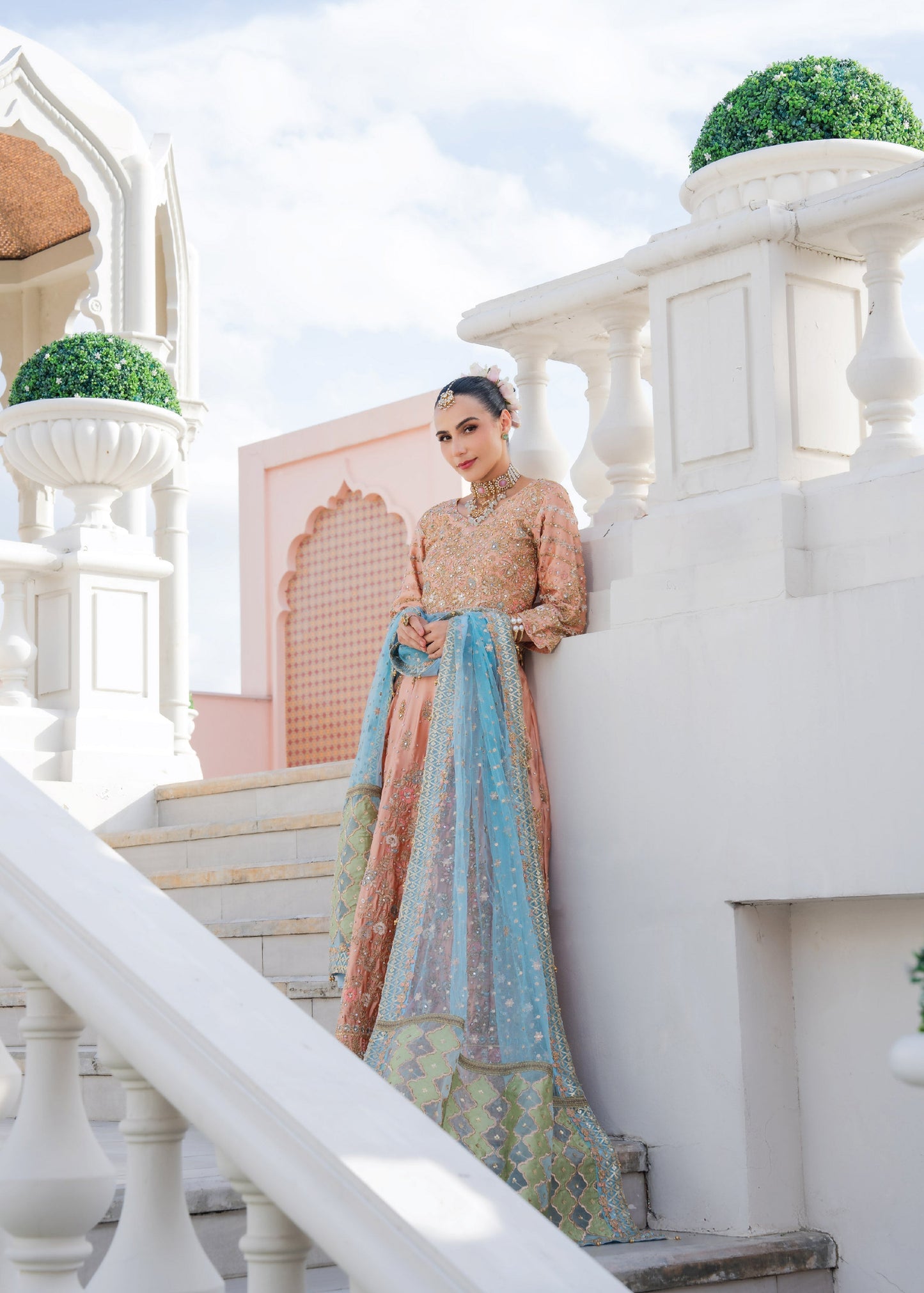 Peach Pink Zari Work Chiffon Wedding Wear Online in Dubai DXB UAE Abudhabi Meena Bazaar