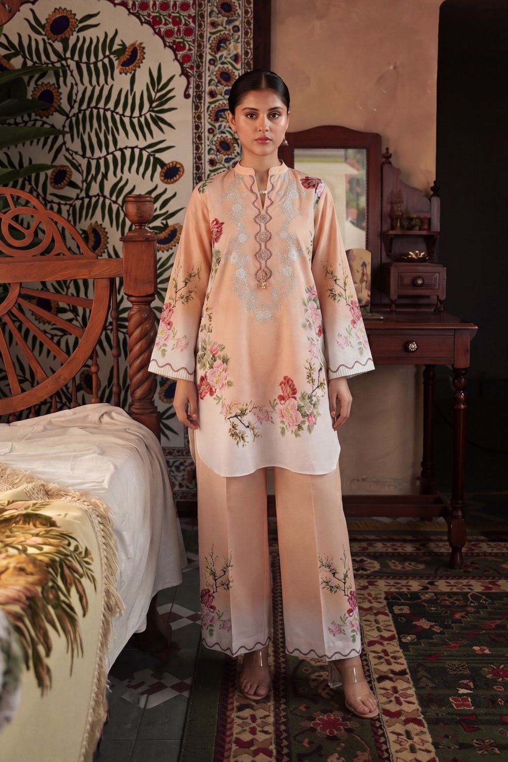 Peach Printed Lawn Salwar Kameez Online in Dubai UAE Abudhabi Ajman Sharjah