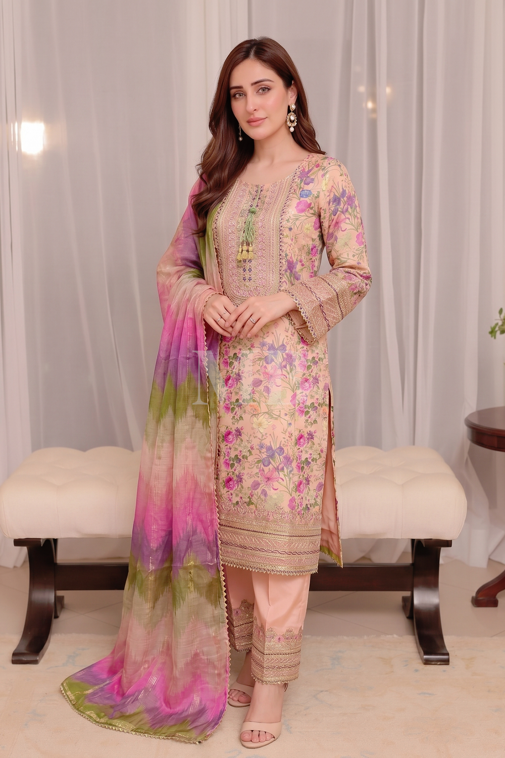 Peach Printed Lawn Salwar Suit Online in Dubai UAE Abudhabi Ajman Sharjah