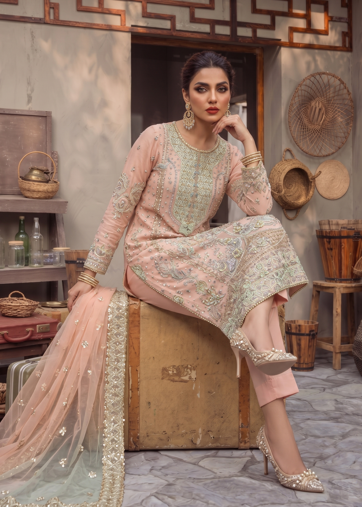 Peach Raw Silk Embroidered Festive Suit Online in Dubai UAE Abudhabi Ajman Sharjah