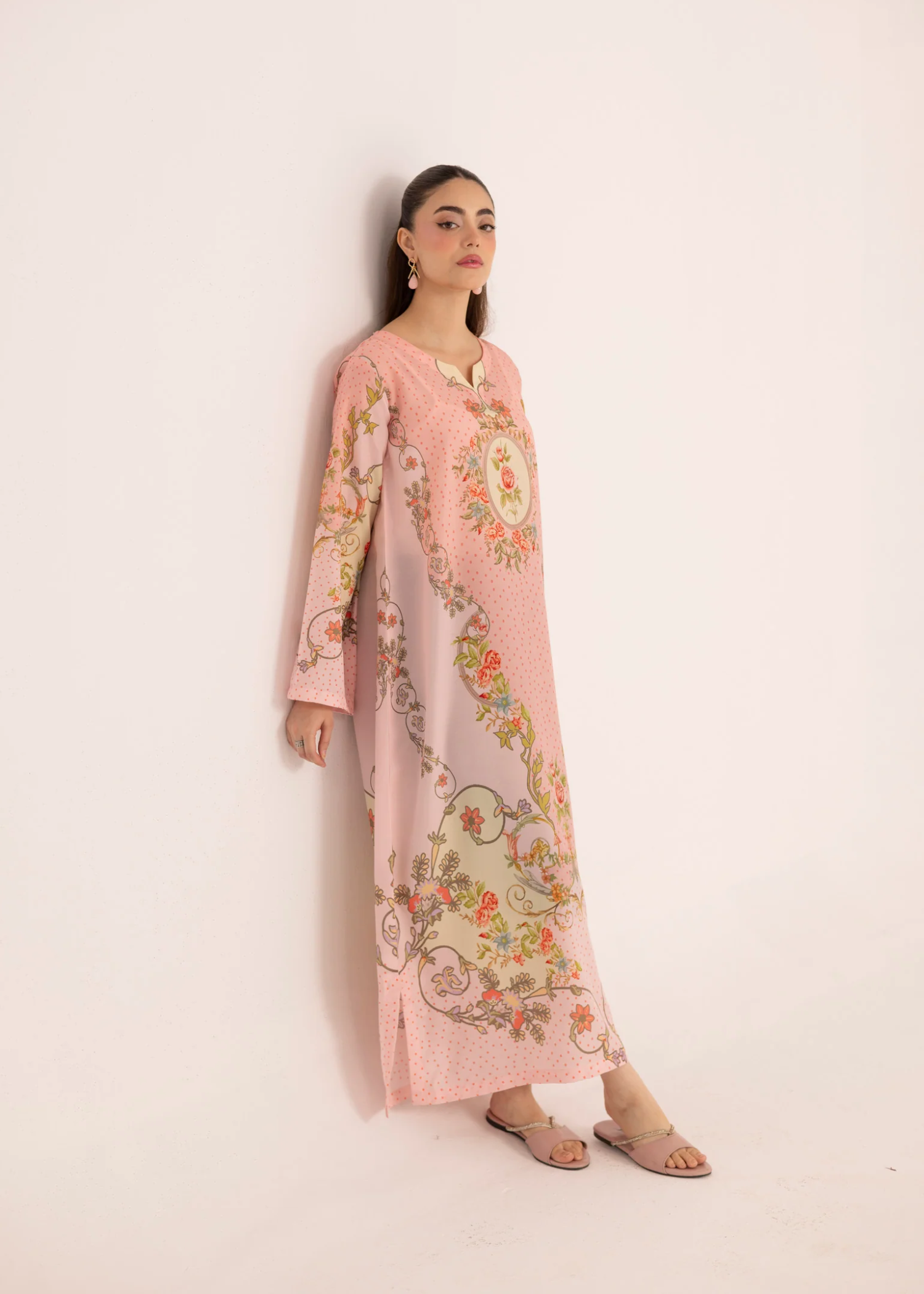 Peach Silk Lawn Kaftan Dress Online in Dubai UAE Abudhabi Ajman Sharjah