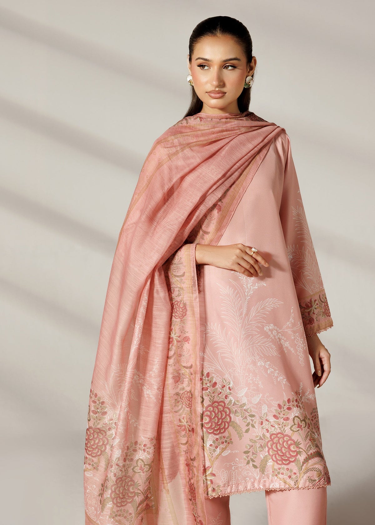 Peach Silk Lawn Long Kurta with Trouser and Dupatta Online in Dubai UAE Abudhabi Ajman Sharjah