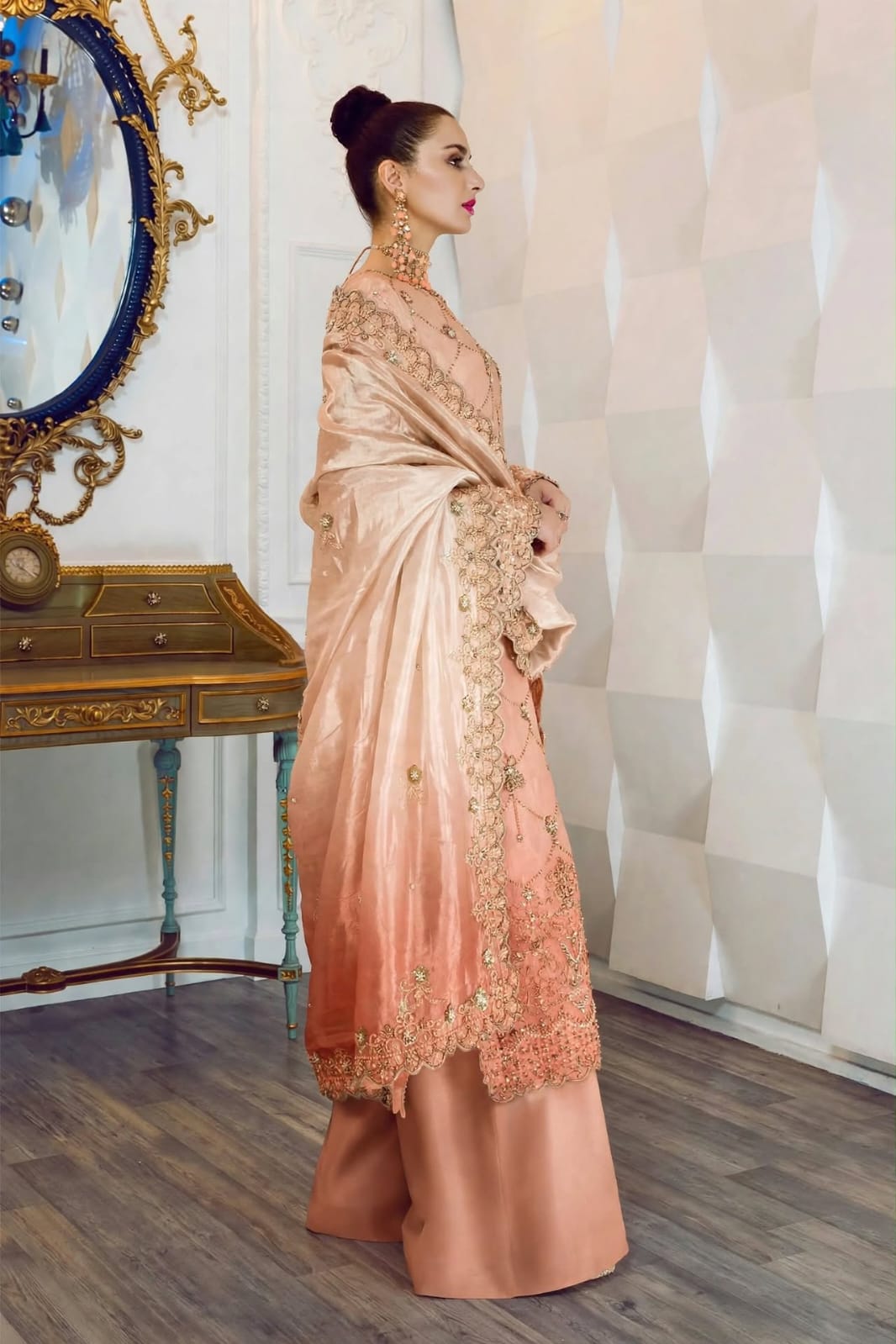 Peach Silk Salwar Kameez for Women Online in KSA Riyadh Saudi Arabia Oman Bahrain Qatar