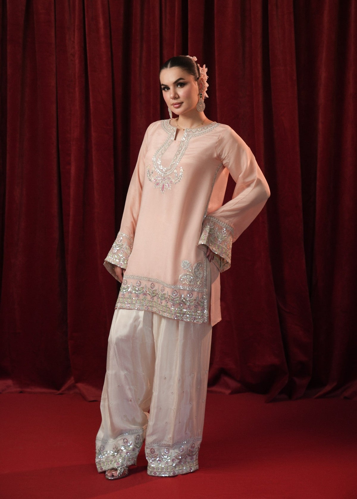 Peach Silk Shalwar Kameez Stitched Online in KSA Riyadh Saudi Arabia Oman Bahrain Qatar