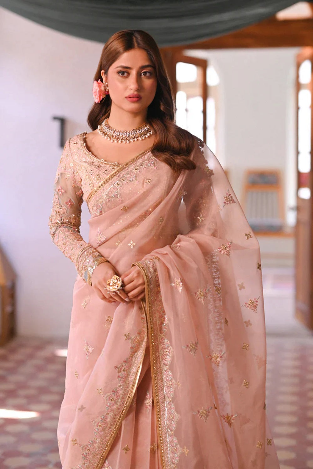 Peachy Pink Pure Organza Wedding Saree