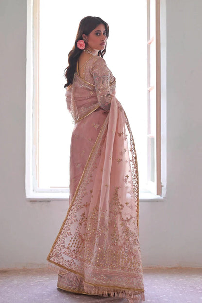 Peachy Pink Pure Organza Wedding Saree