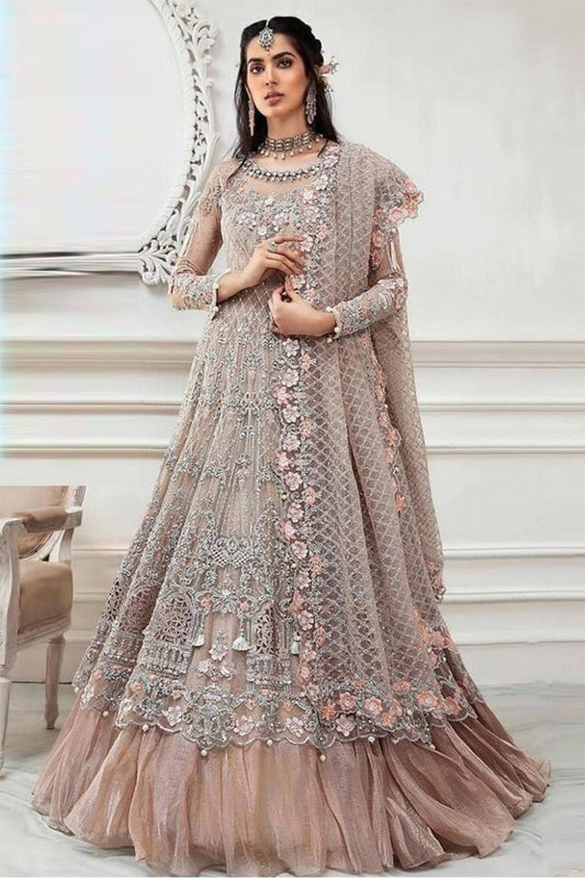 Peach Pink Soft Net Anarkali