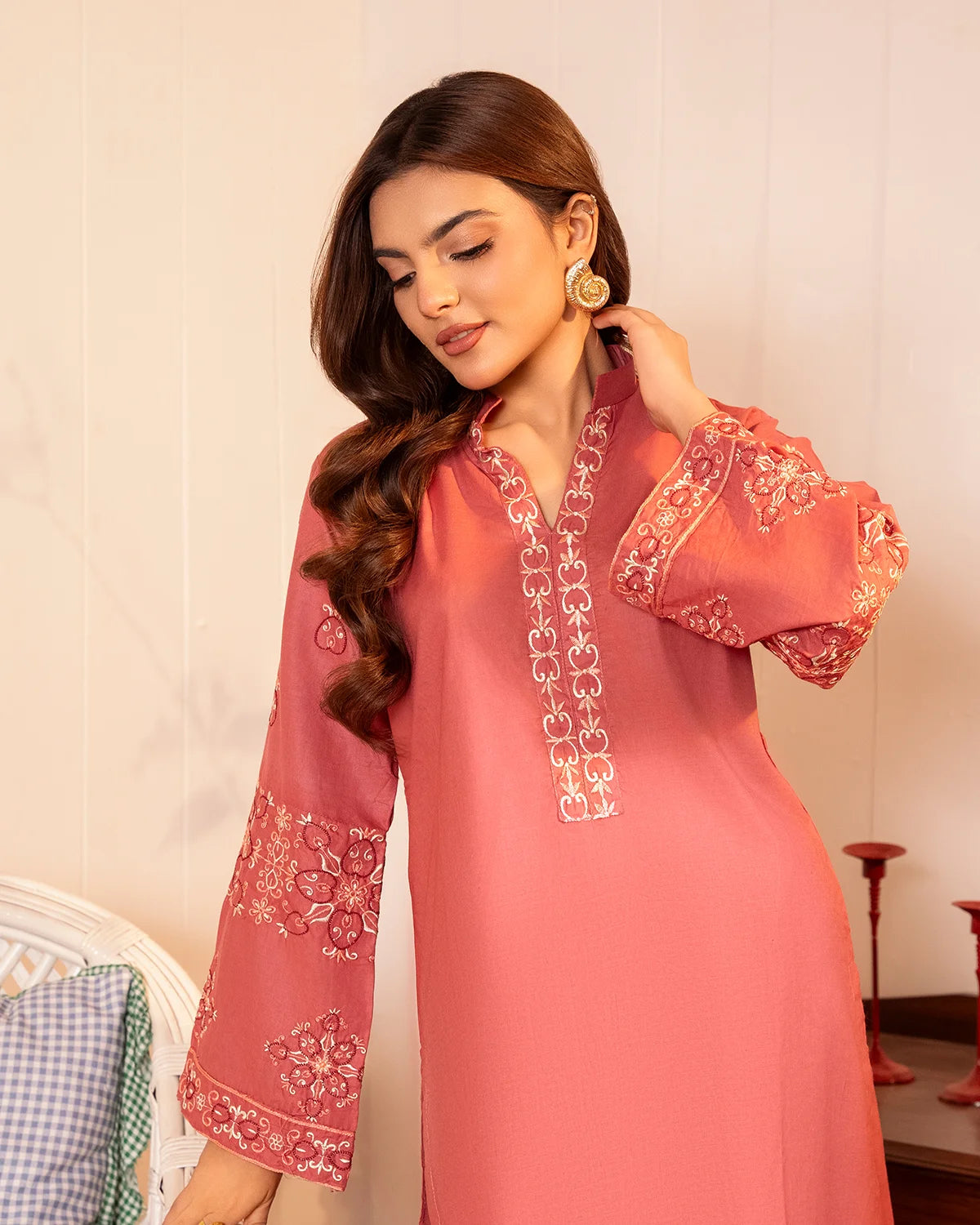 Tea Rose Embroidered Cotton Kurta Set