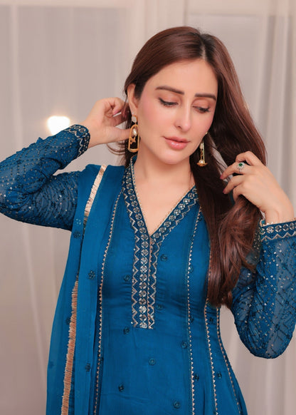 Peacock Blue Chiffon Pishwas with Gheera Work Online in Dubai DXB UAE Abudhabi Meena Bazaar