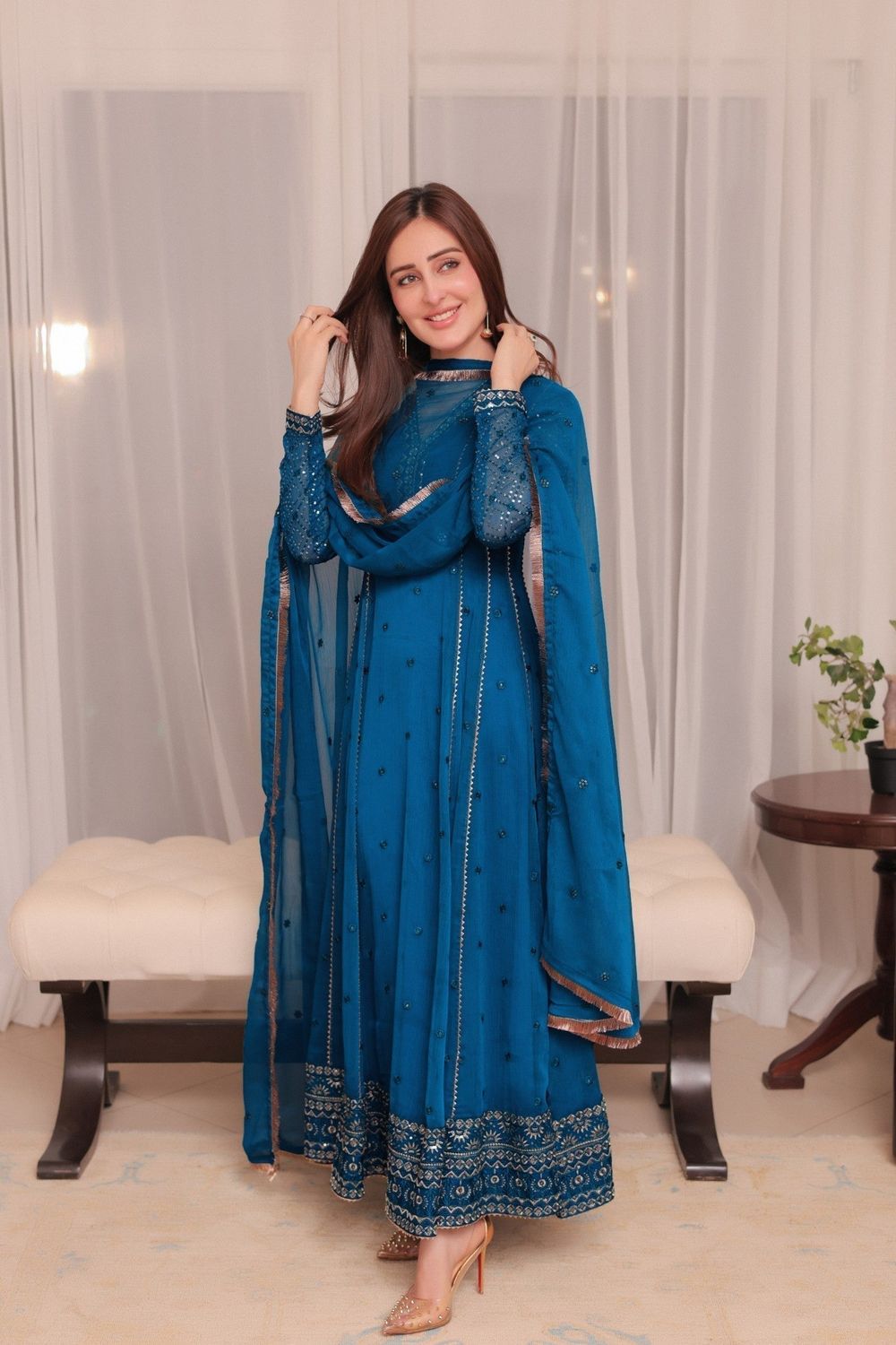 Peacock Blue Embroidered Chiffon Festive Suit Online in Dubai UAE Abudhabi Ajman Sharjah